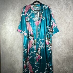 Babeyond Kimono Robe Womens L‎ Green Floral Peacock Print Satin Lightweight NEW